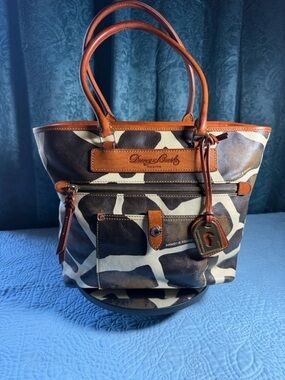 Dooney & Bourke Brown and Cream Giraffe-Print Leather Trim Tote